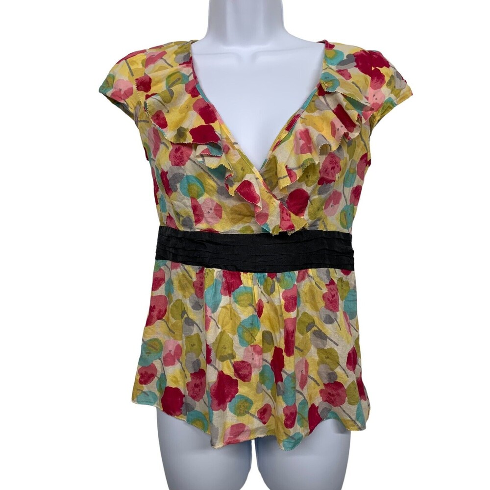 Odille Women's size 2 (XS) Red Yellow Green Ruffle Neck Thin Cotton Top
